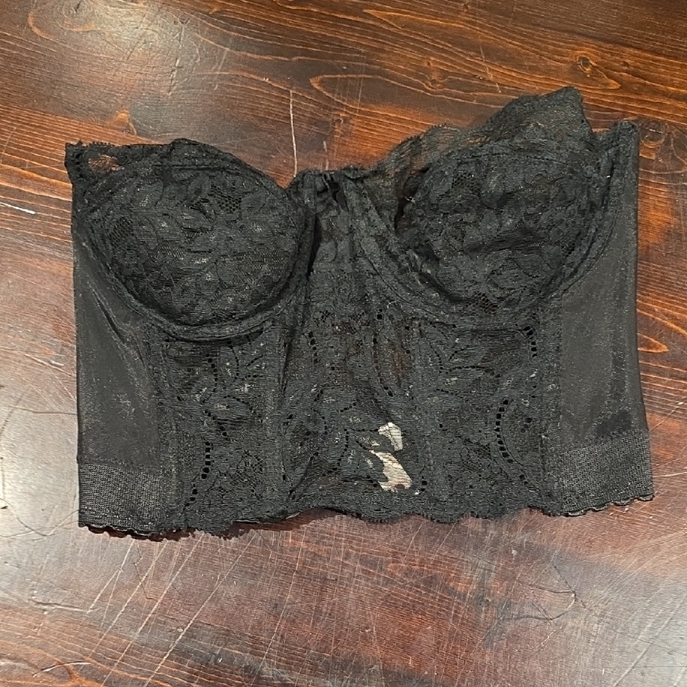 Vintage Fleur de Lace by Smoothie Black Lace Longline Bustier Bra - 36C